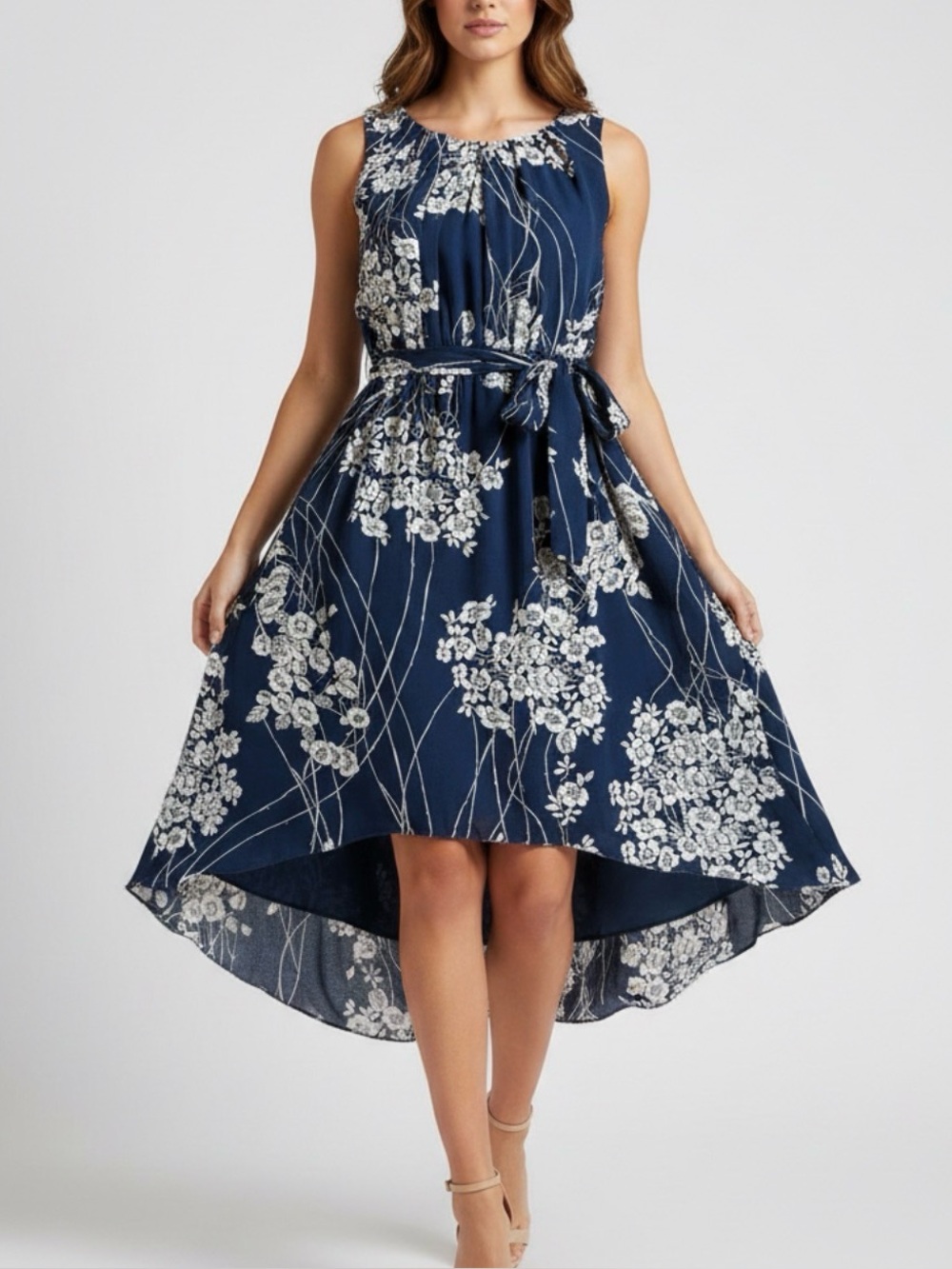 Max Studio Navy Floral Sleeveless Midi Dress with Tie Belt